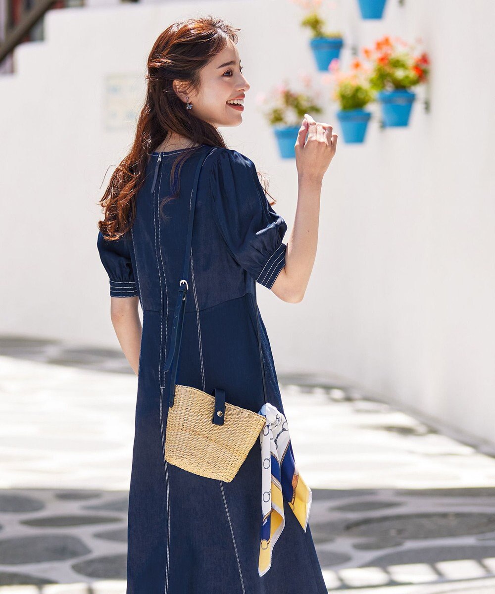 Tiaclasse 【洗える】パフスリーブ配色ステッチワンピース 