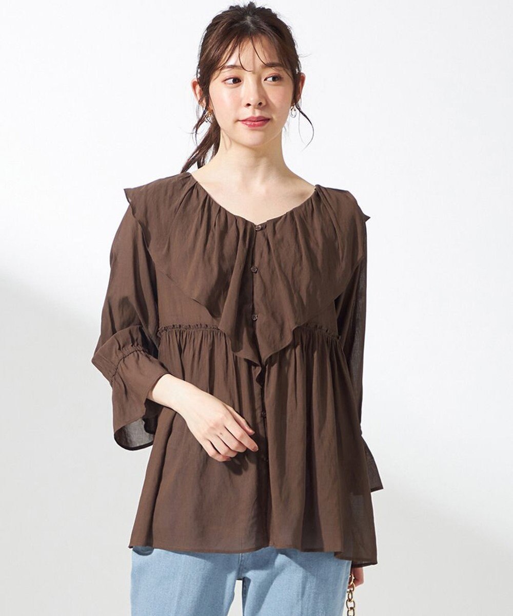 ANY SIS 【洗える】シアーヴィンテージライクラッフル ブラウス 