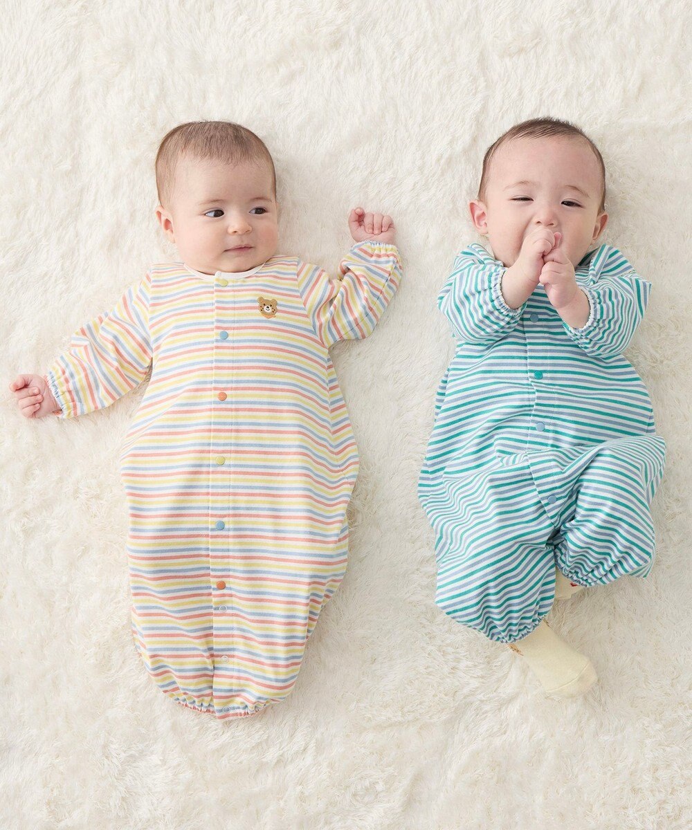 MIKI HOUSE HOT BISCUITS 【50-60cm】 みじんボーダー ワンポイント刺繍 ツーウェイオール 