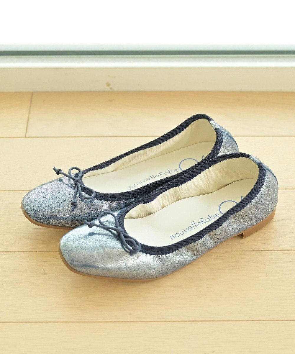 nouvelleRobe Oū 【本革・高反発】Square スクエアトゥ ネイビーメタリックバレエシューズ 