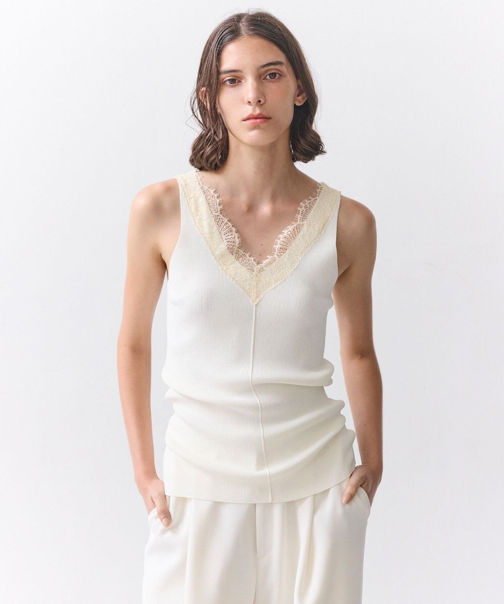 BEIGE， RUBY / レーストリム リブタンクトップ 