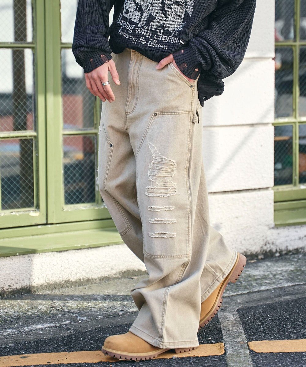 WEGO ダブルニーダメージデニムパンツ 