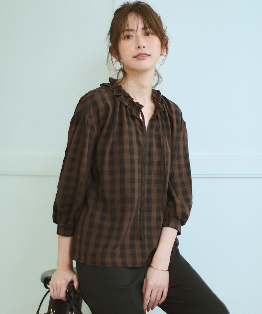 23区 L 【WEB&一部店舗限定】ブロックチェック フリル ブラウス 