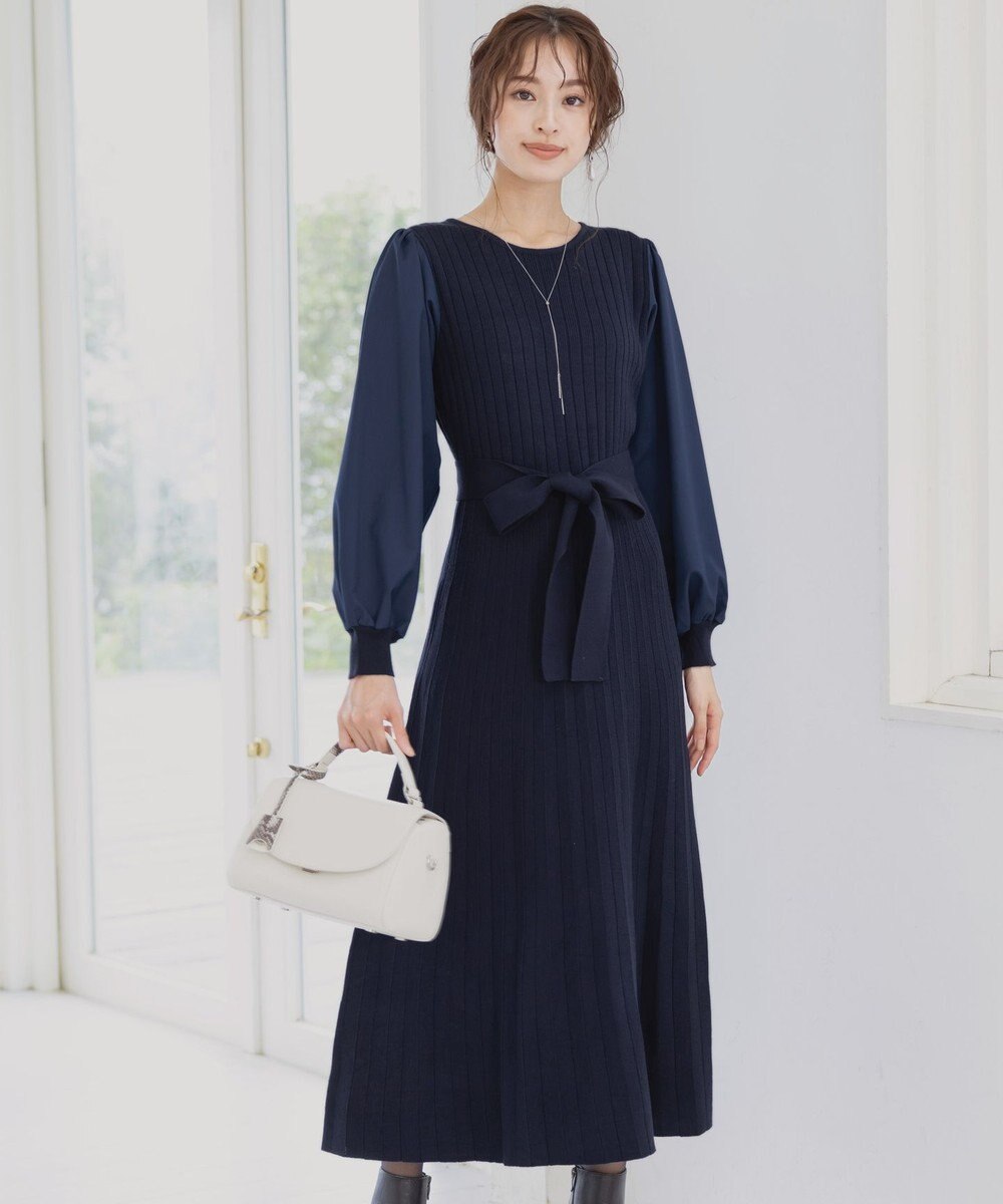 Tiaclasse 【洗える】パフ袖ニットコンビワンピース 