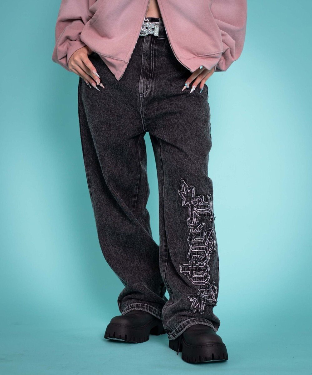 WEGO 【ユニセックス着用YD/ウエスト調整可/MLサイズ展開】グラフィックデニムパンツ 