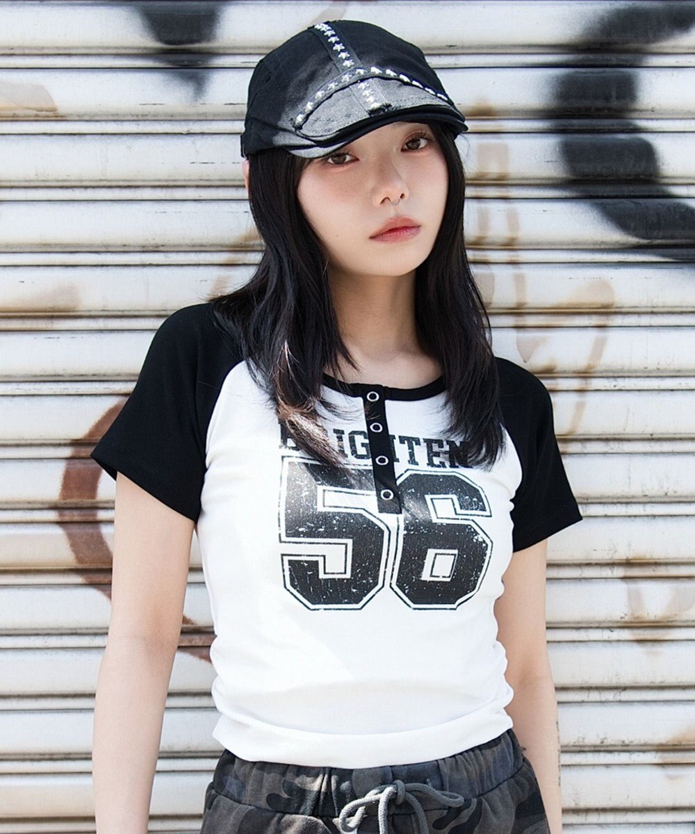 WEGO グラフィックラグランヘンリーネックT 