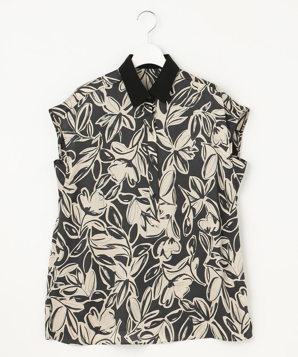 自由区 【カタログ掲載・洗える】モノトーンフラワープリント ブラウス 