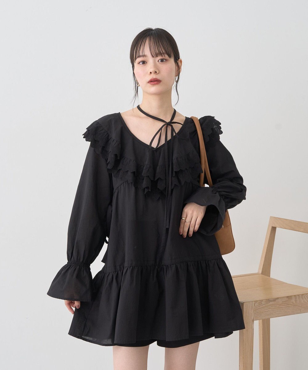 earth music&ecology 【綿100％】サイドリボンラッフルミニワンピース 