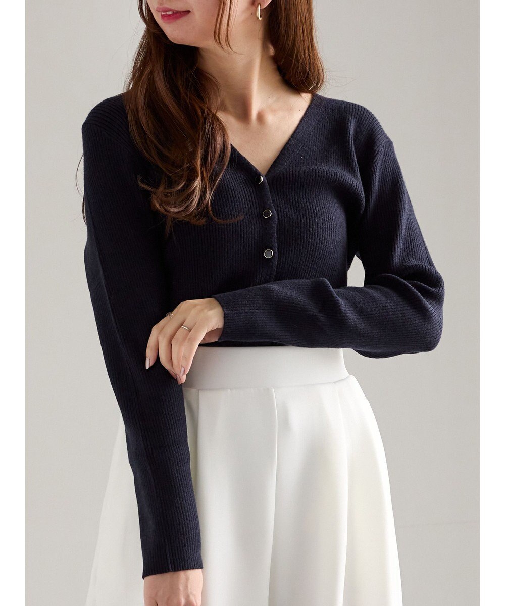 Te chichi ウェーブメタル釦Vネックリブカーディガン 