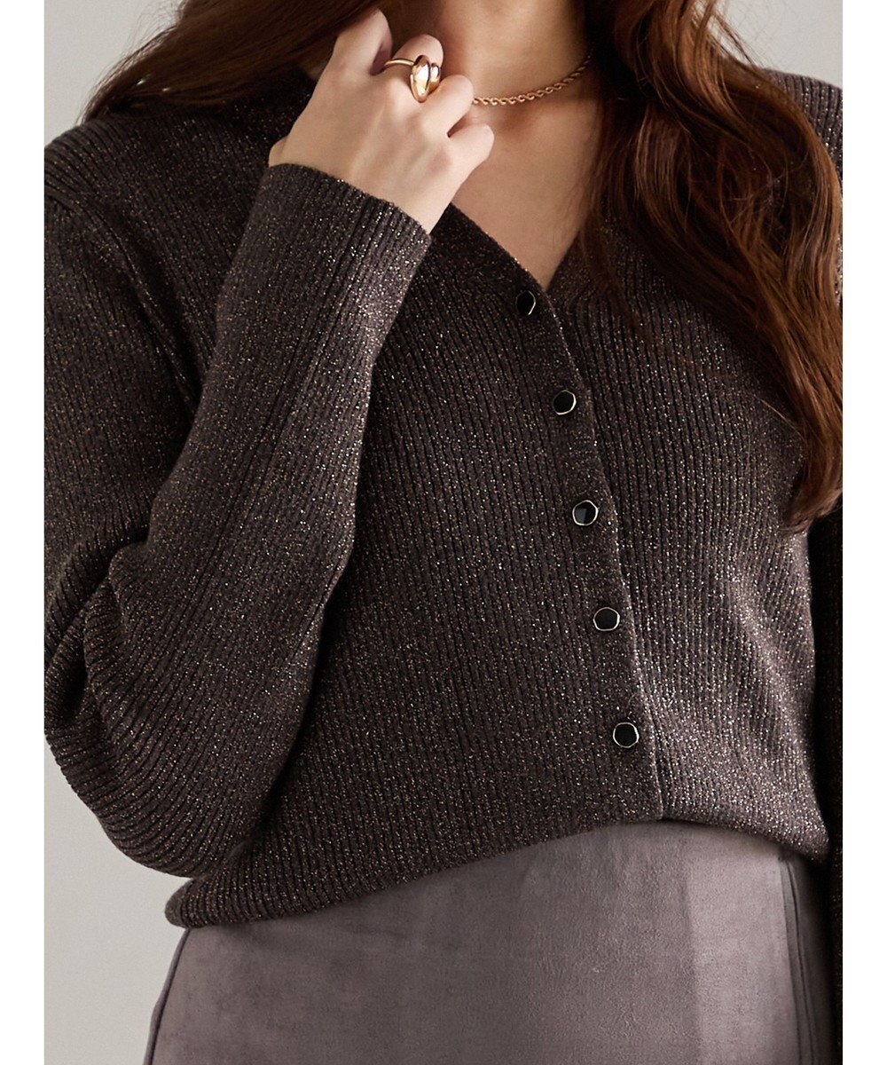 Te chichi ウェーブメタル釦Vネックリブカーディガン 