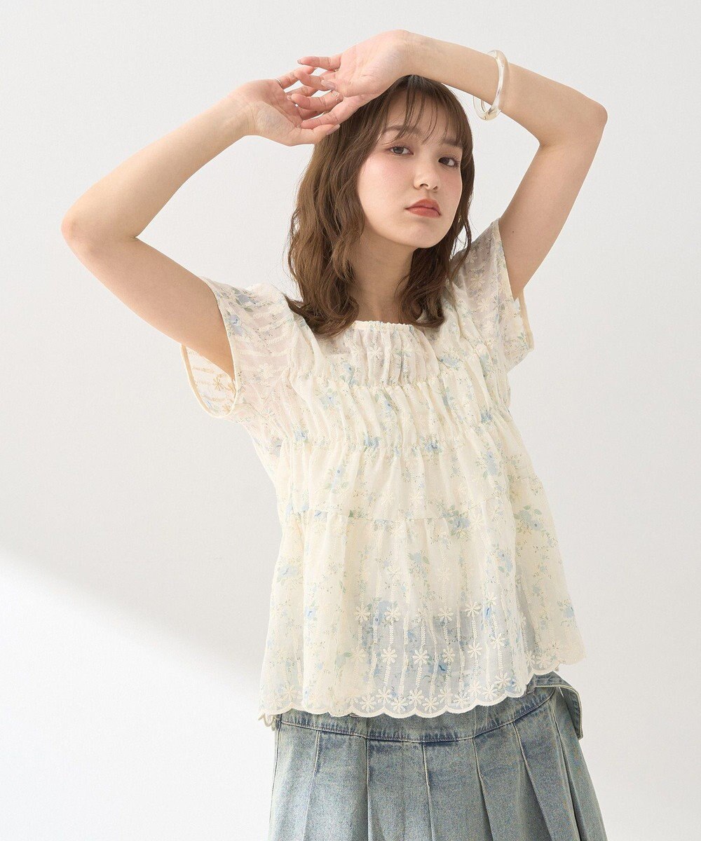 earth music&ecology フラワープリント刺繍ブラウス 