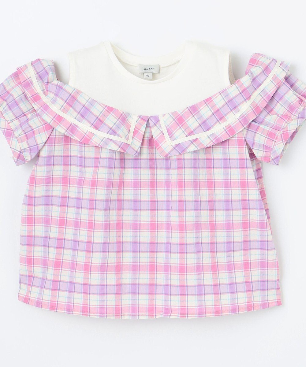 ANY KIDS チェック オフショルダー ブラウス 
