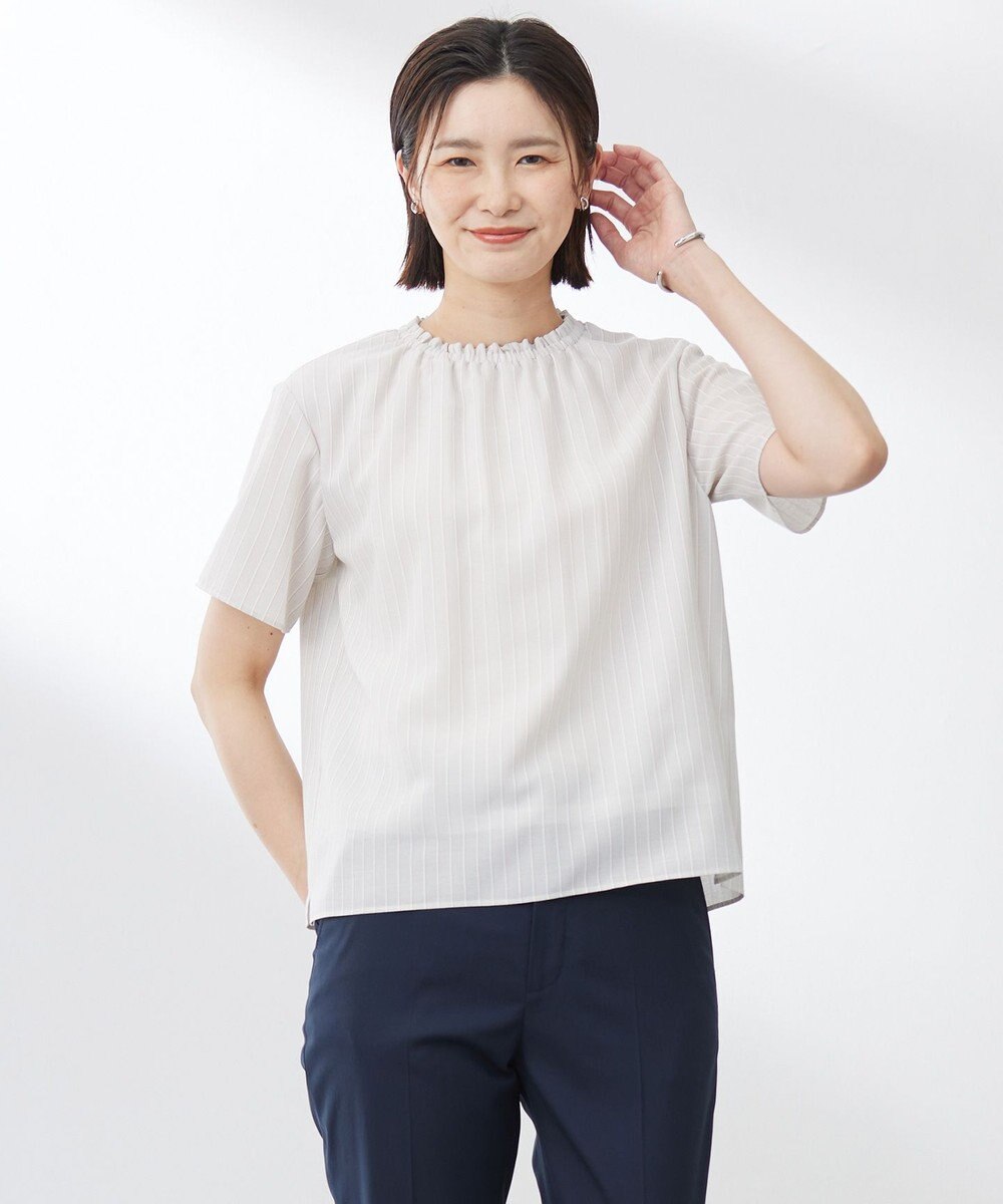 J.PRESS LADIES L 【洗える】シアーストライプ＆チェック ブラウスライク カットソー 