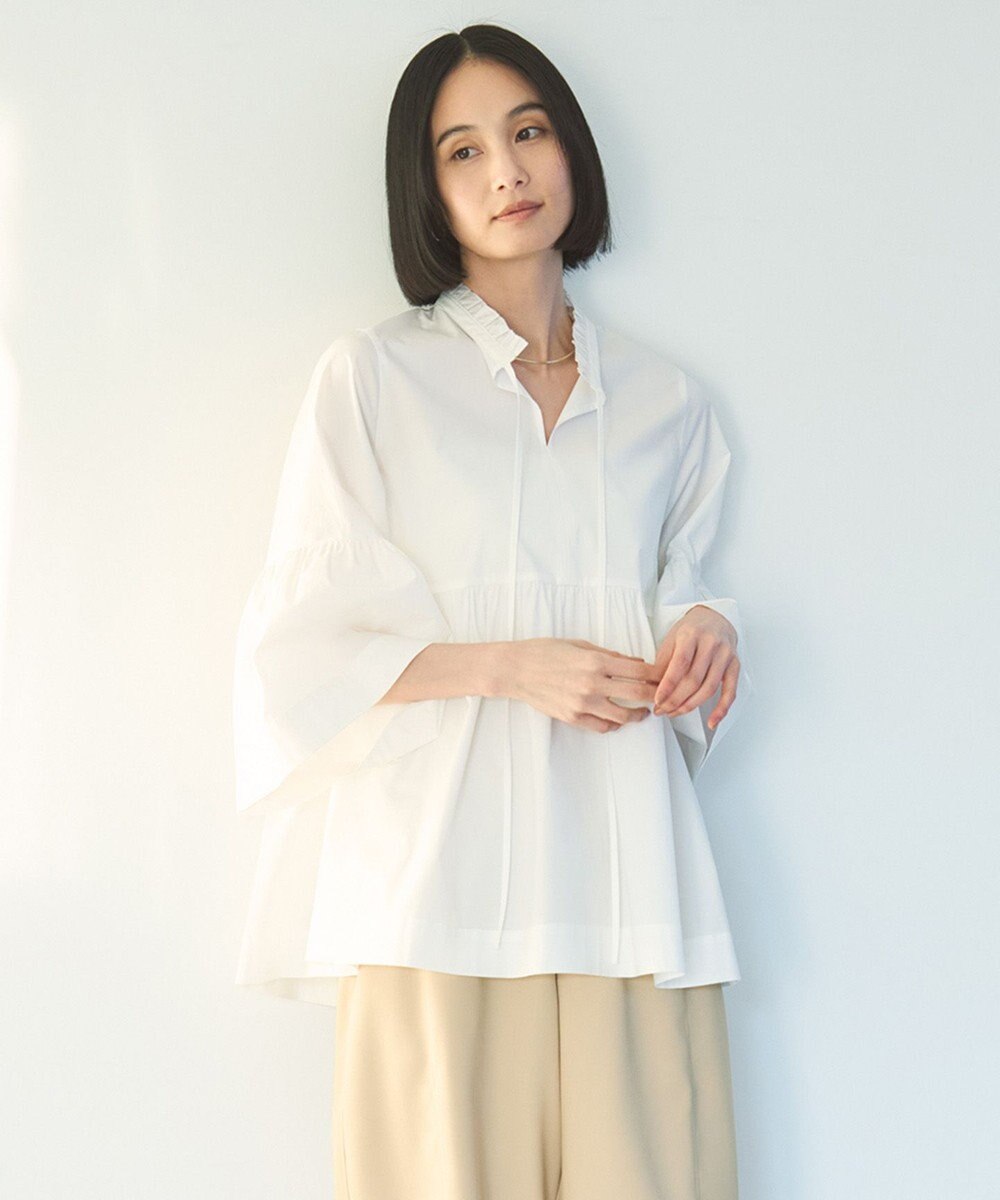 UNFILO コットンブロード フリルネックシャツ 