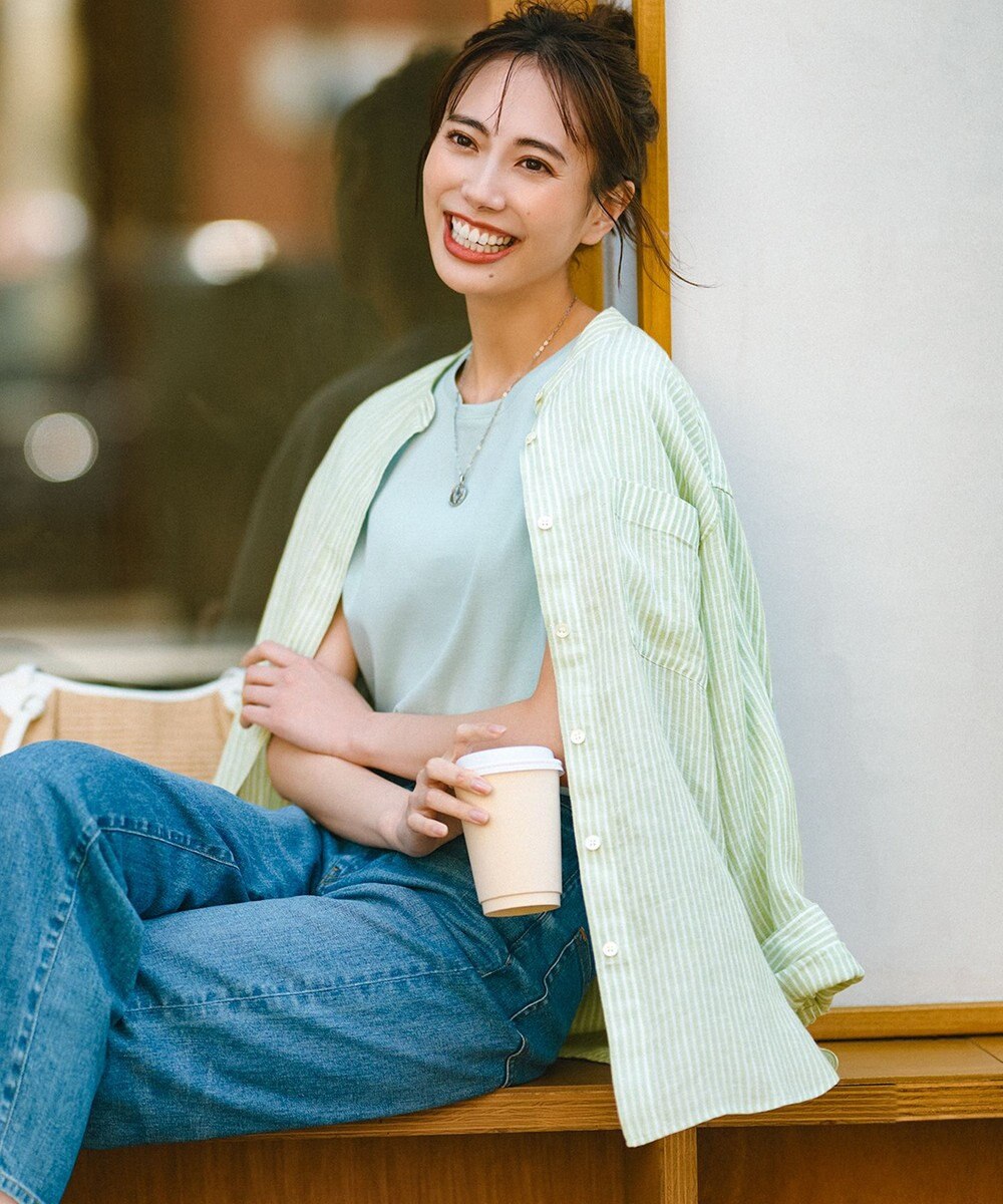 23区 【洗える】LIBECO バンドカラー シャツ 