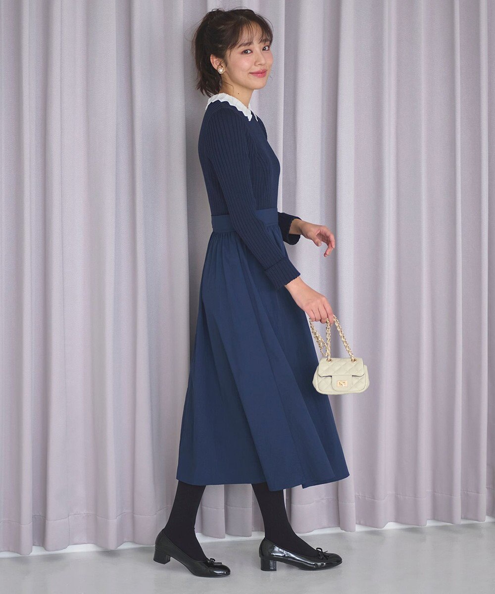 Feroux 【洗える】バイカラー襟ニットドッキング ワンピース 