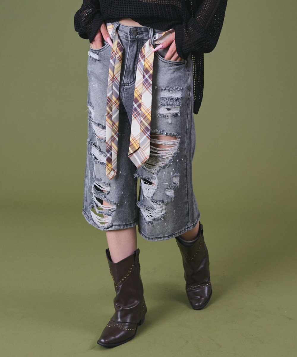 WEGO タイ付きダメージハーフデニムパンツ 