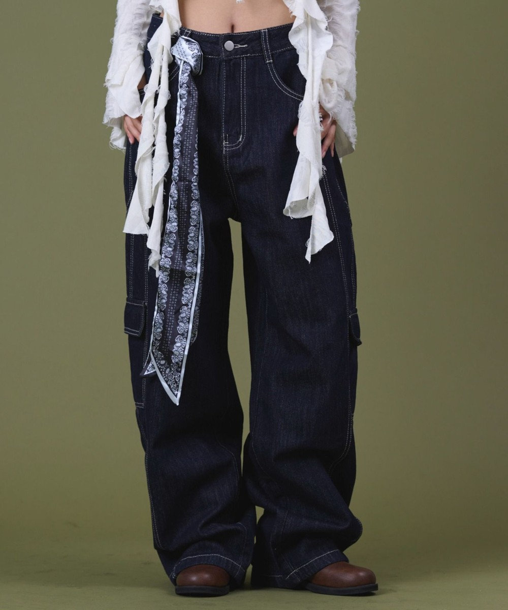 WEGO バンダナ付きリジットワイドデニム 