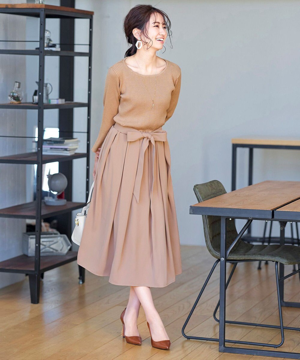 Tiaclasse L 【洗える】異素材を組み合わせたミモレ丈リブコンビワンピース 