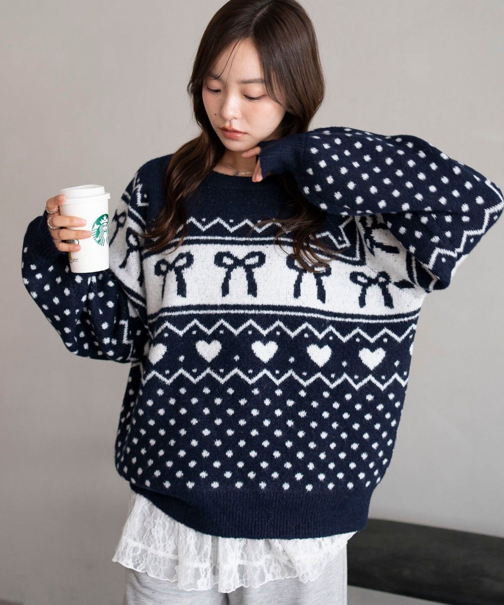 WEGO 【2025年秋冬新作】フラッフィーグラフィックニットBIGプルオーバー 