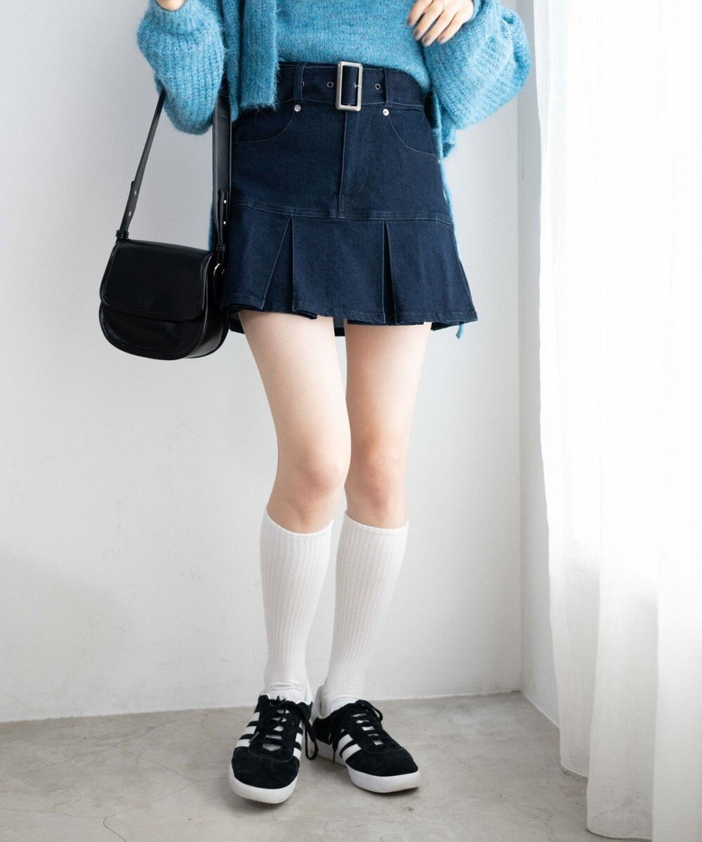 WEGO ベルト付デニムプリーツスカパン 