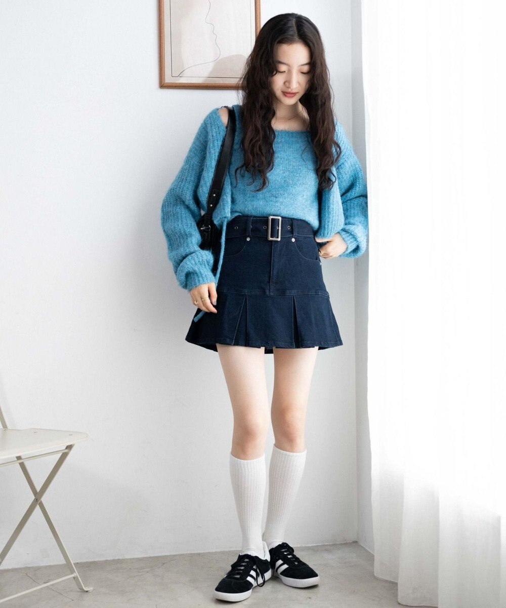 WEGO ベルト付デニムプリーツスカパン 