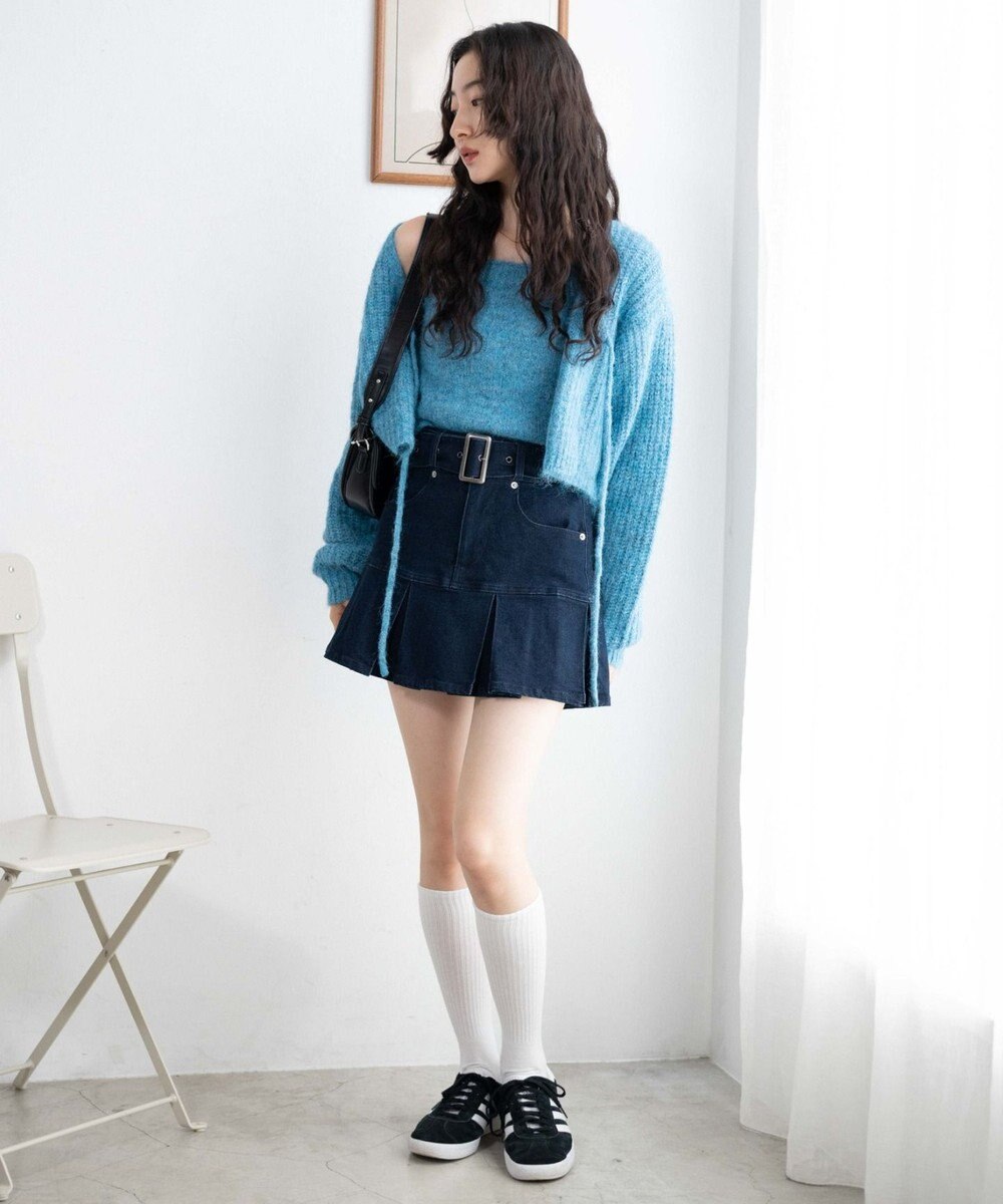 WEGO ベルト付デニムプリーツスカパン 