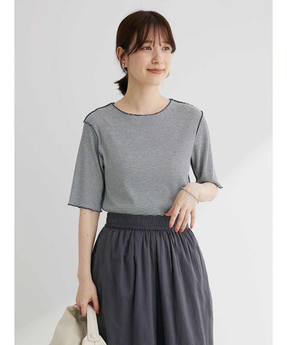 Green Parks メローリブ５分袖ボーダープルオーバー 