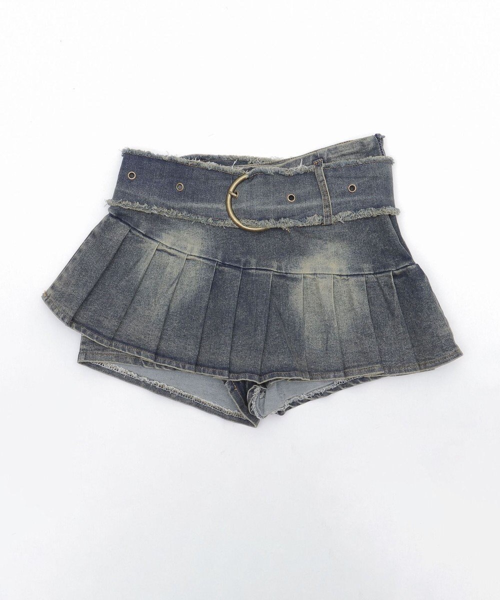 WEGO フリンジベルトプリーツデニムスカパン 