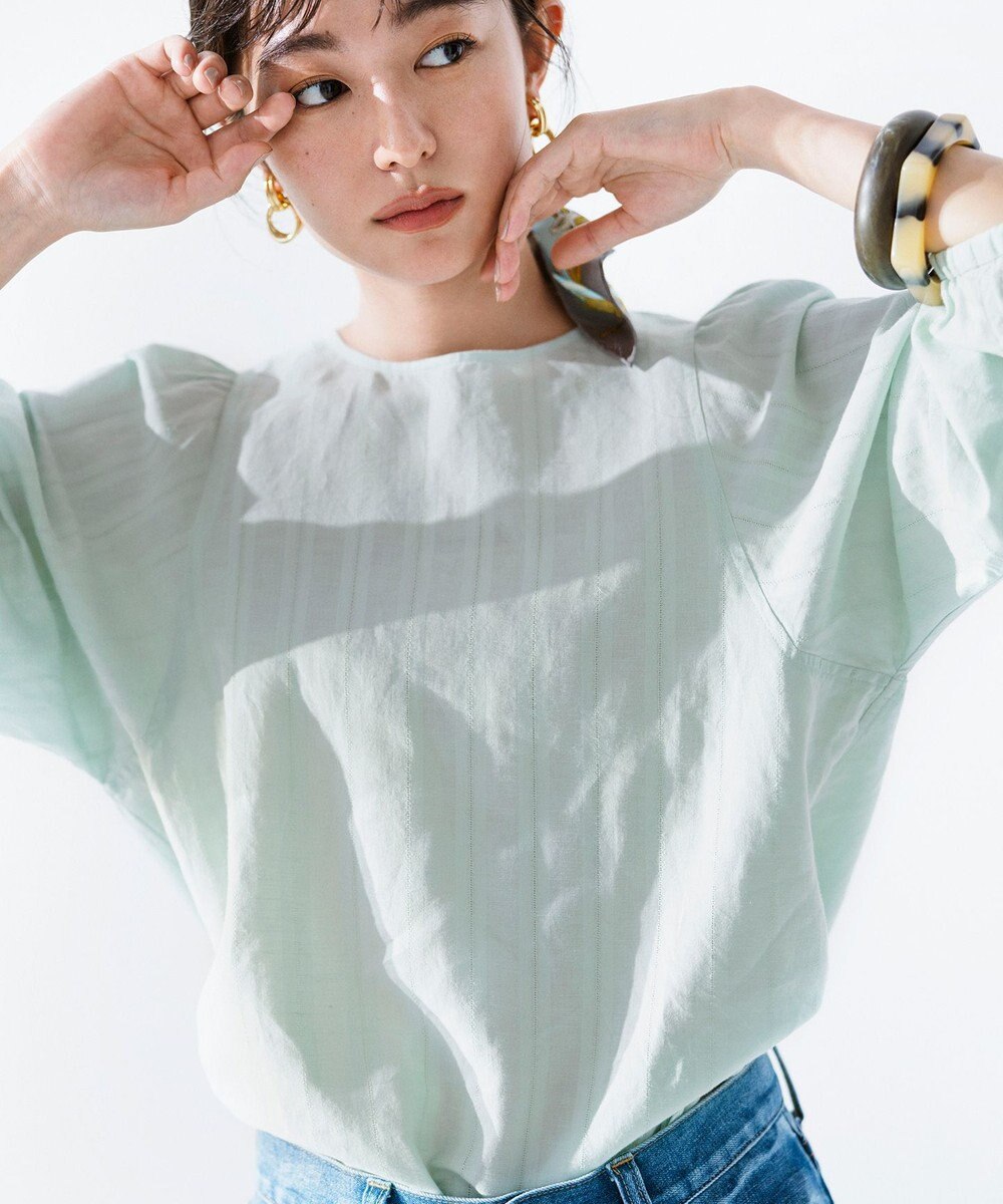 23区 L 【洗える】カラミストライプ パフスリーブ ブラウス 