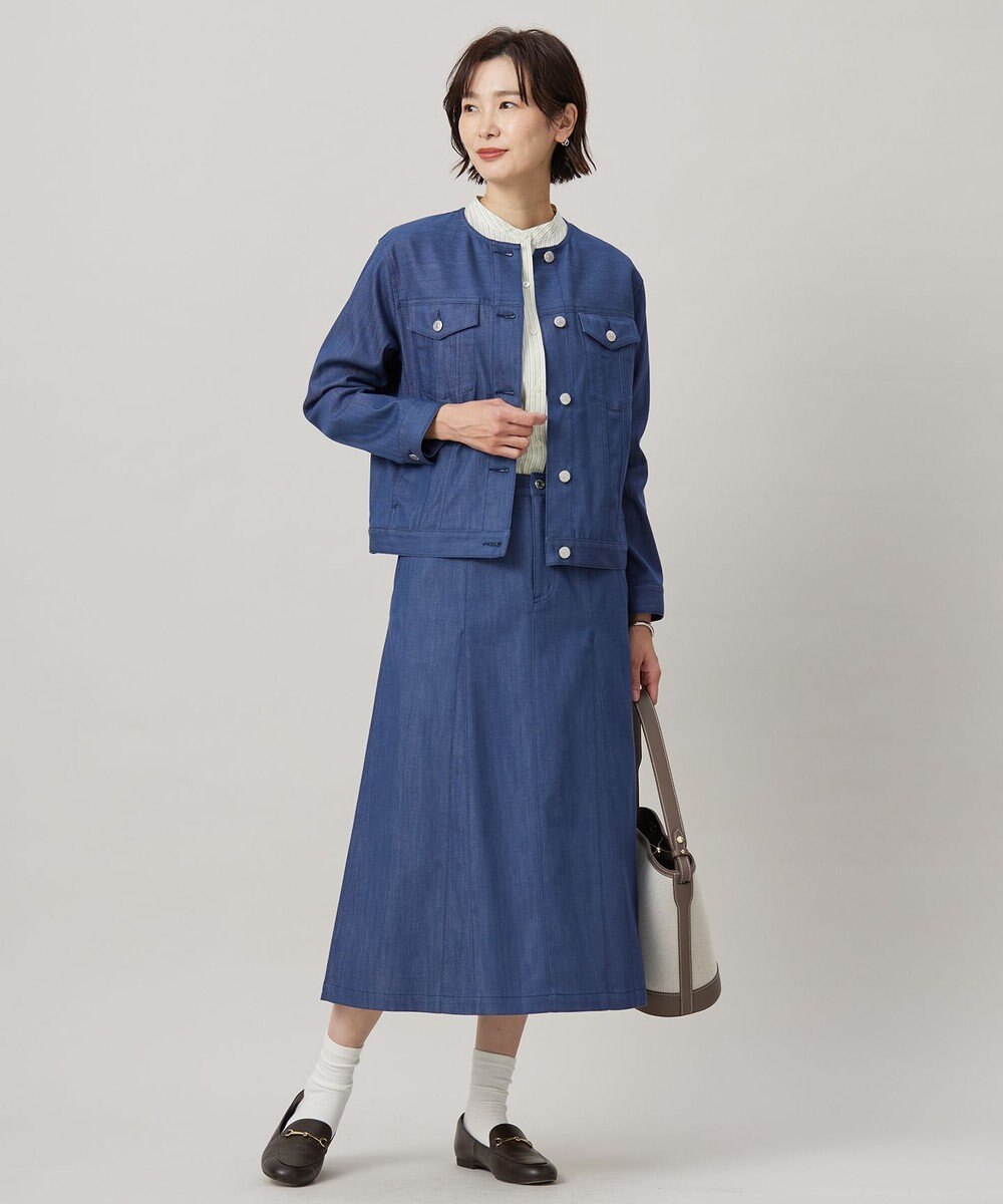 J.PRESS LADIES 【洗える】セルロースシャンブレー ノーカラー デニム ジャケット 