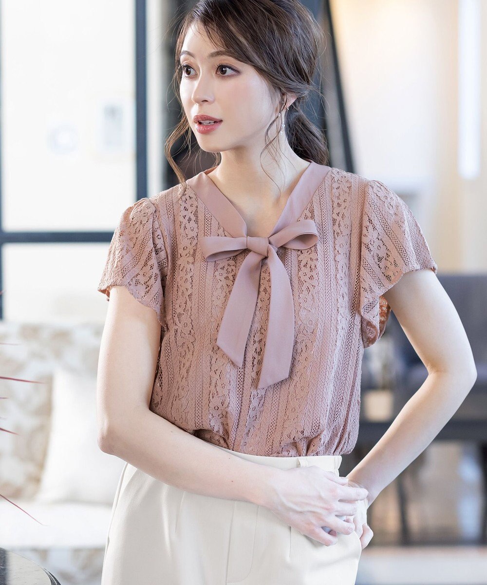 Tiaclasse 【洗える】幅広く活躍が期待できるボウタイレースブラウス 