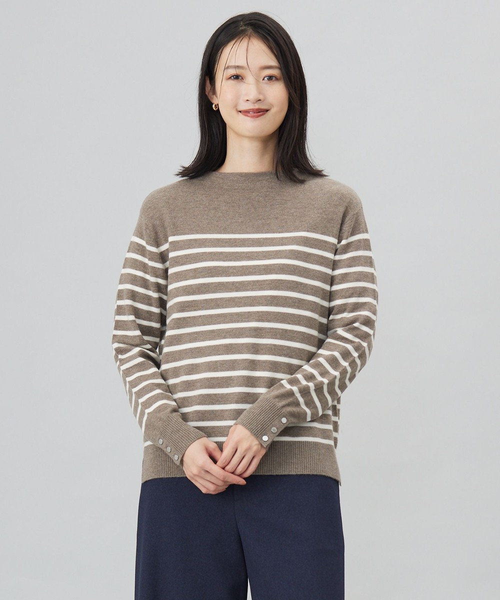 J.PRESS LADIES L 【洗える】SOFT TOUCH WOOL 立ち襟 ボーダー ニット モカ×オフ系