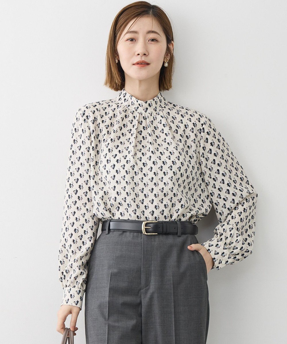 23区 L モダンアートプリントギャザーブラウス 