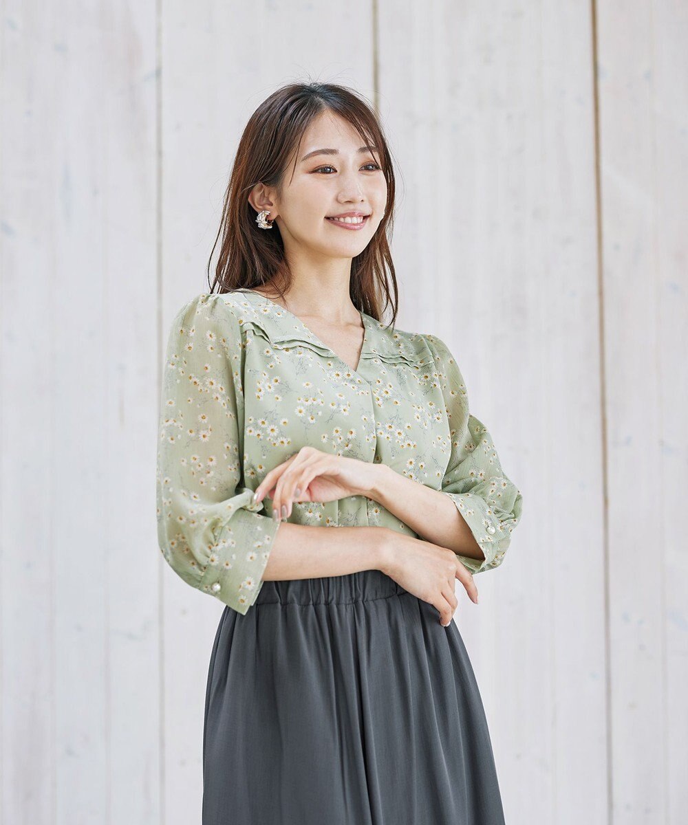 Tiaclasse L 【洗える】花柄Vネックブラウス 