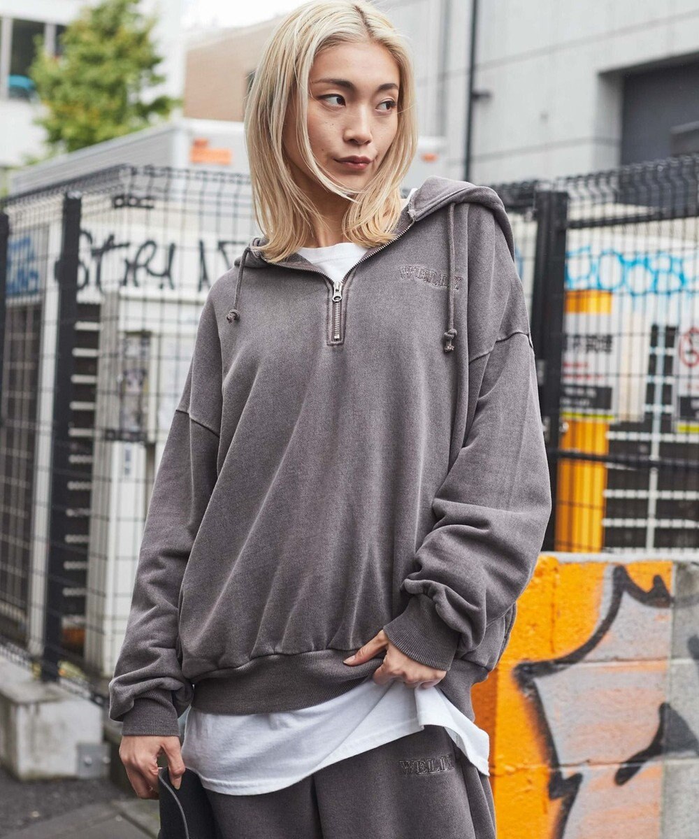 WEGO ピグメントハーフZIPロゴプルパーカー 