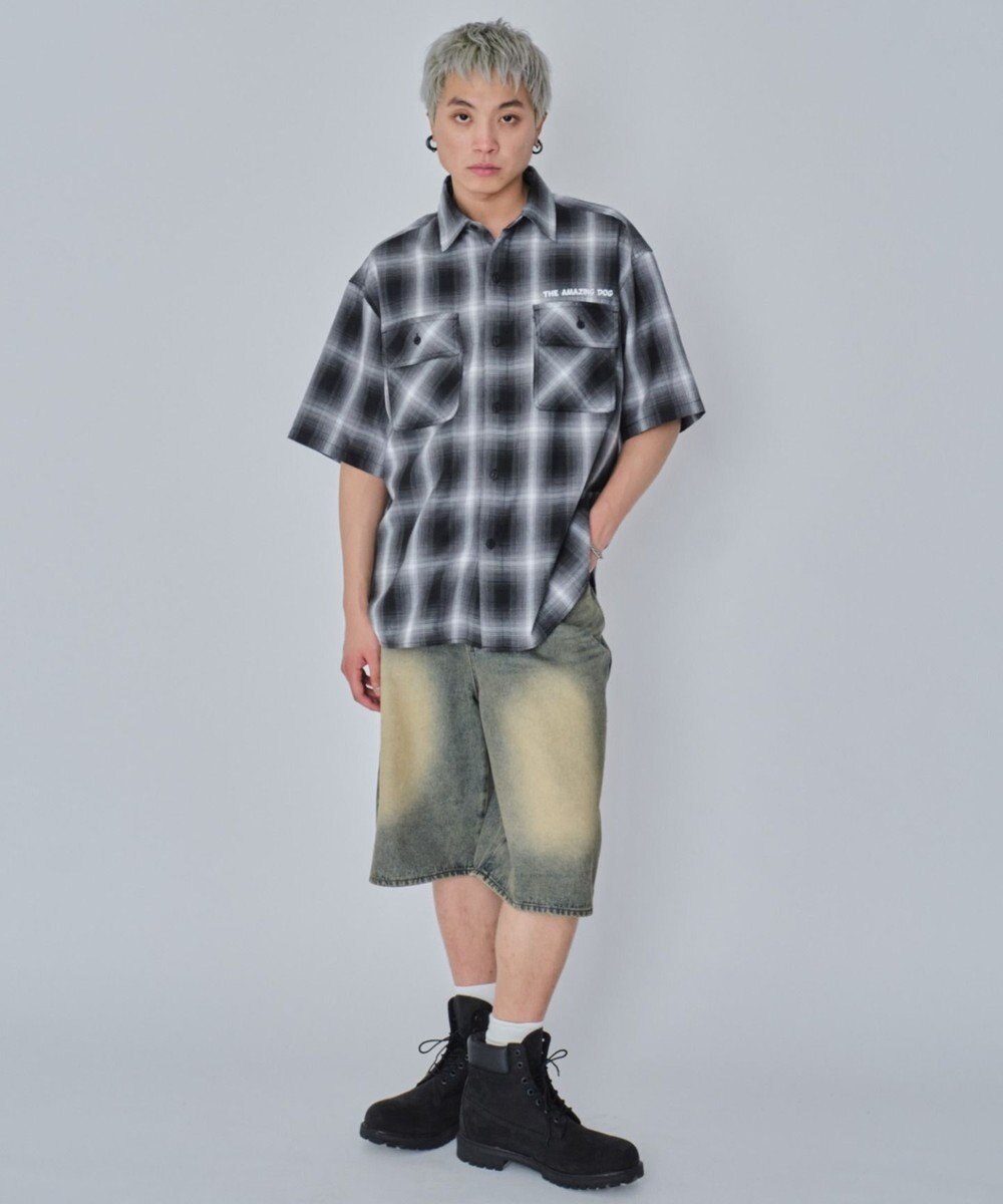 WEGO 【ユニセックス着用ITEM/MLサイズ展開】イラストオンブレチェックシャツ（SS） 
