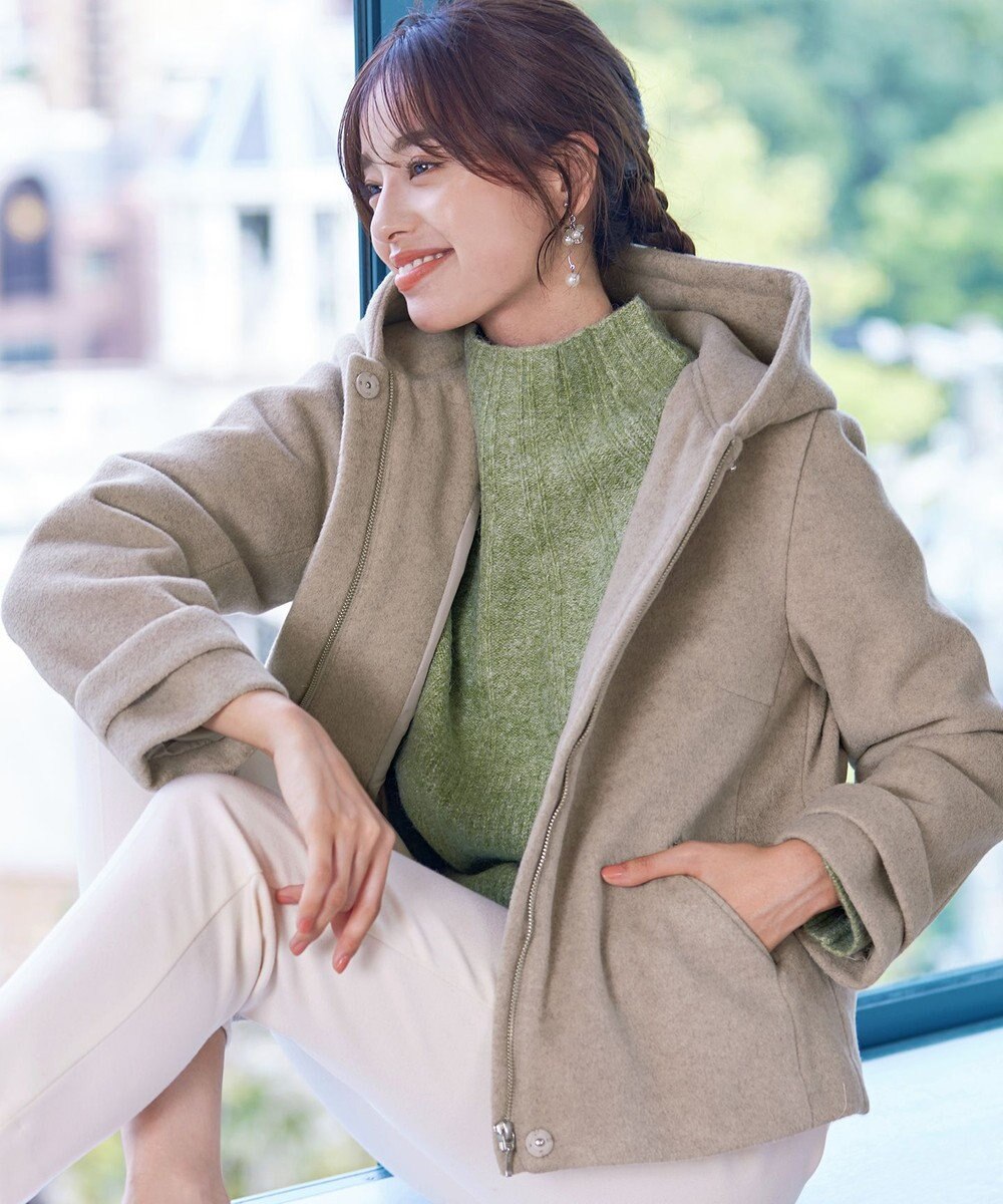 Tiaclasse L ウールライクフーデットショートコート 