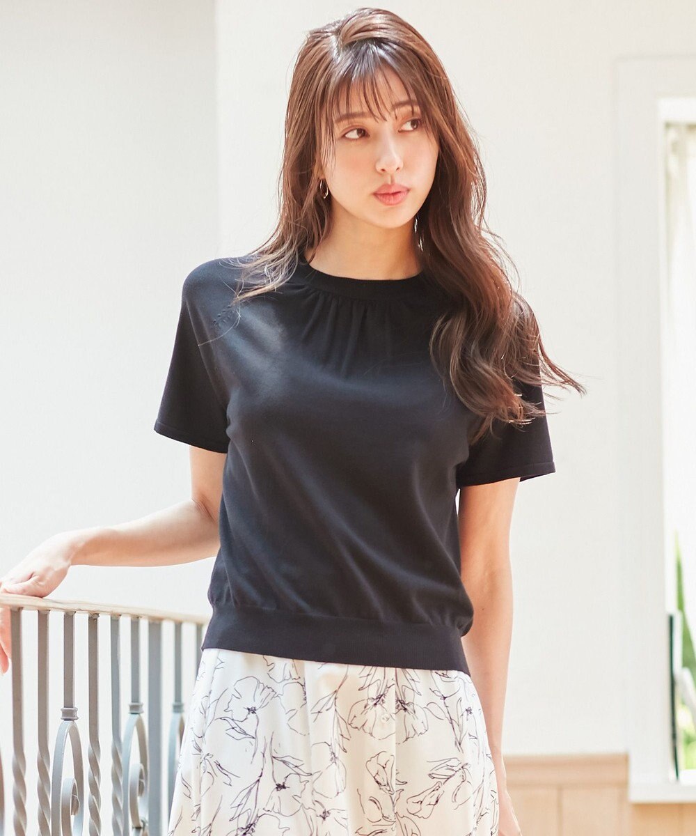 any SiS 【洗える】ネックポイント ニット Tシャツ ブラック