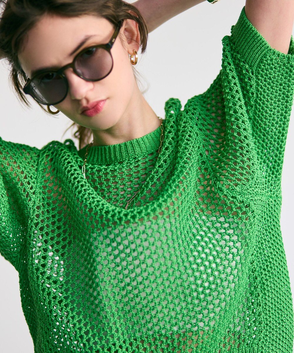 BEIGE， 【洗える】ALOE / コットンメッシュ半袖クルーネックニット 