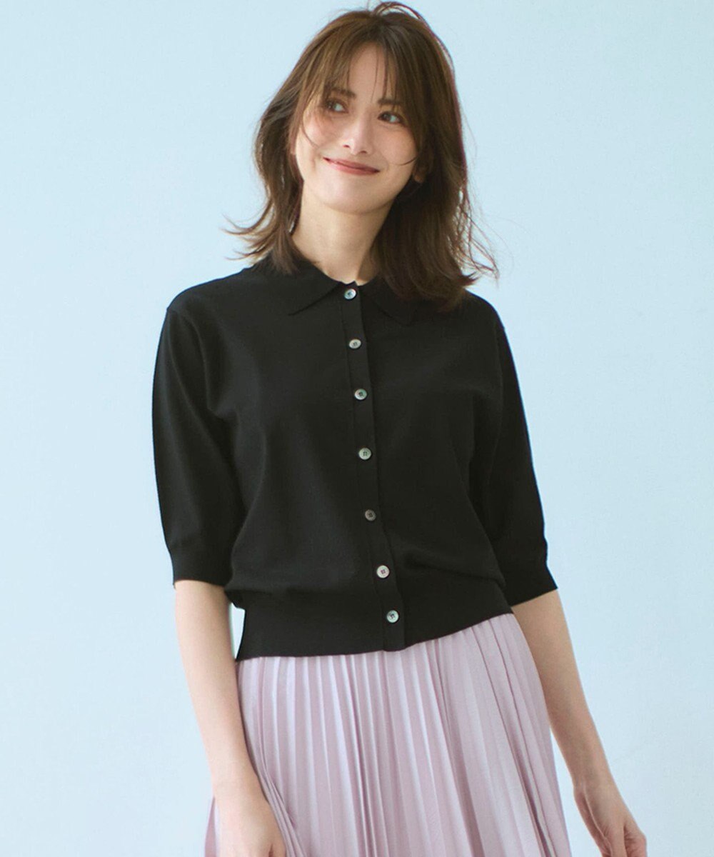 23区 L 【洗える/吊り干しOK】ヴィスコースストレッチ ポロニット カーディガン 