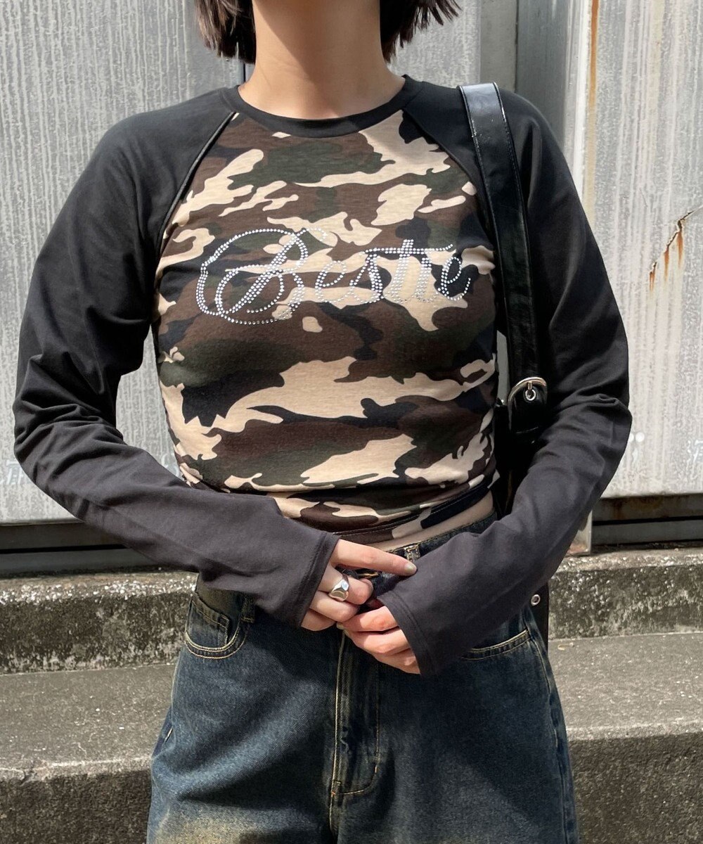 WEGO ラインストーンサイドドロストラグランロンT 