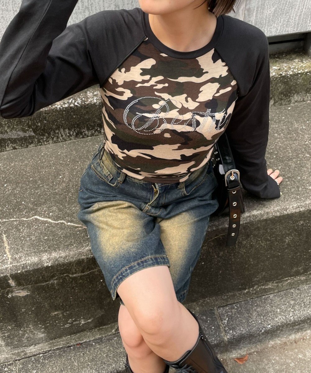 WEGO ラインストーンサイドドロストラグランロンT 