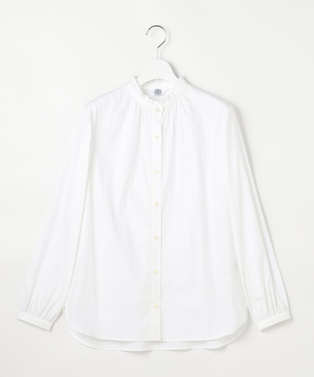 J.PRESS LADIES L BEZコットンナイロン ストライプ フリル襟 ブラウス 