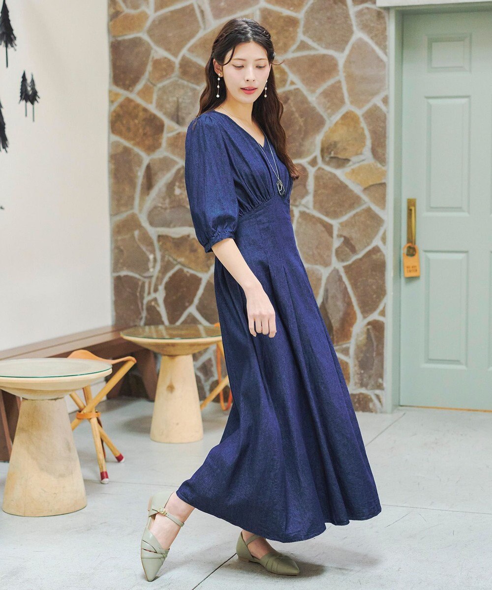 Tiaclasse 【洗える】デニムタックギャザーワンピース 