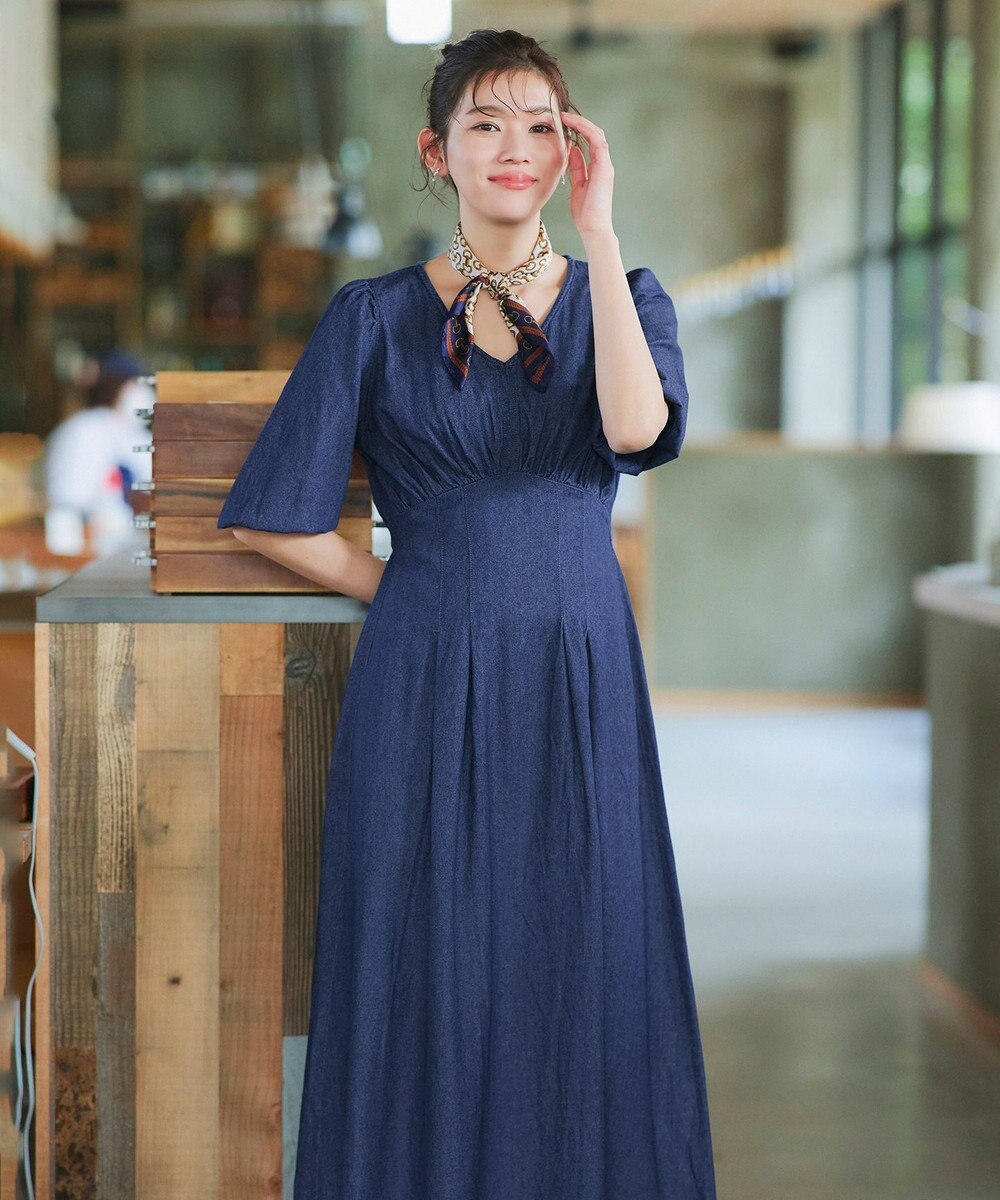 Tiaclasse 【洗える】デニムタックギャザーワンピース 