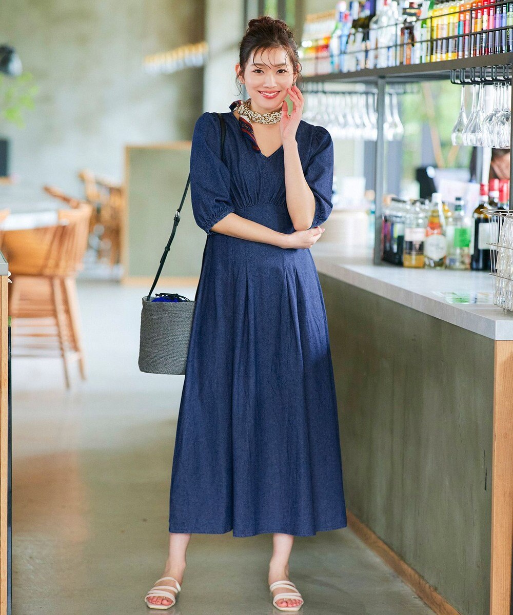 Tiaclasse 【洗える】デニムタックギャザーワンピース 