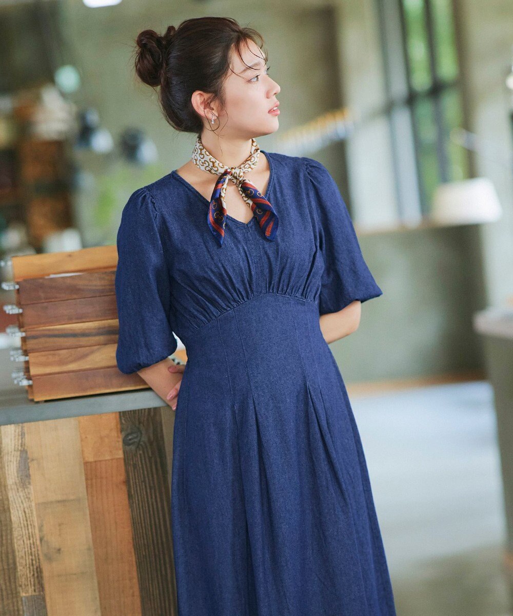 Tiaclasse 【洗える】デニムタックギャザーワンピース 