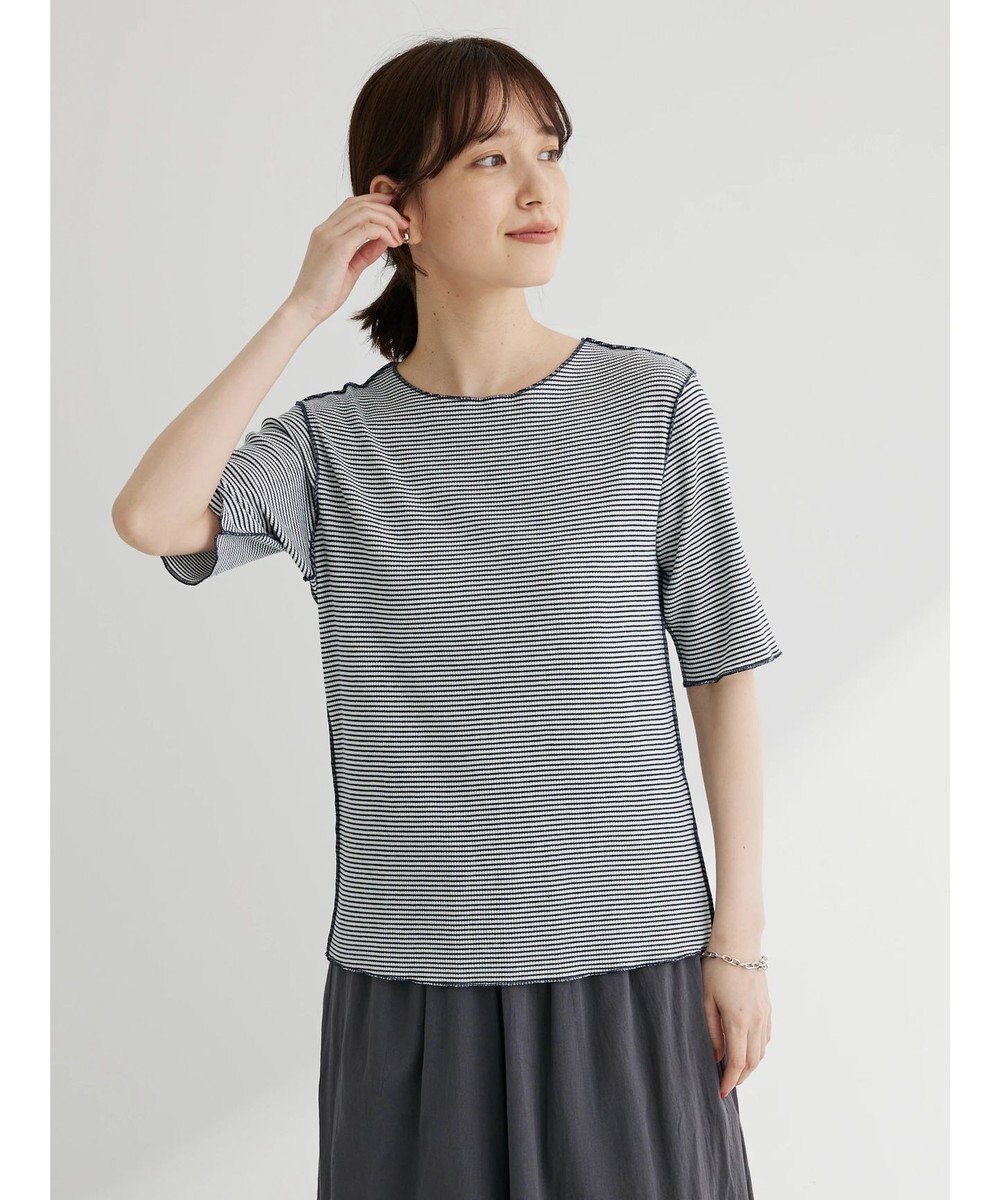 Green Parks メローリブ５分袖ボーダープルオーバー 