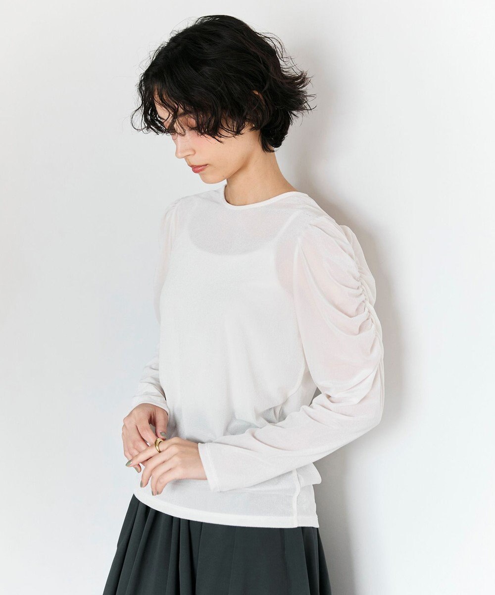 #Newans 【洗濯機可／ 前後着用可】 ギャザースリーブシアーベロアカーディガン 